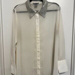 Women's Blouse - Sheer Cream Blouse with Sequin Collar